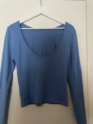 Blå ribbad långärmad topp - Säljer en ljusblå ribbad topp med lång ärm och djup rundringning. Toppen är croppad och har en enkel, stilren design som passar perfekt till jeans eller kjol. Materialet känns mjukt och stretchigt för en bekväm passform.