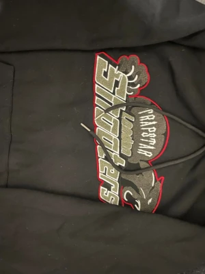 Svart Trapstar hoodie med tryck - Säljer en svart hoodie från Trapstar med stort färgglatt tryck på bröstet där det står 'Trapstar Shooters'. Hoodien har huva med dragsko och ribbade muddar. Perfekt för dig som gillar streetwear och vill sticka ut med en snygg logga.