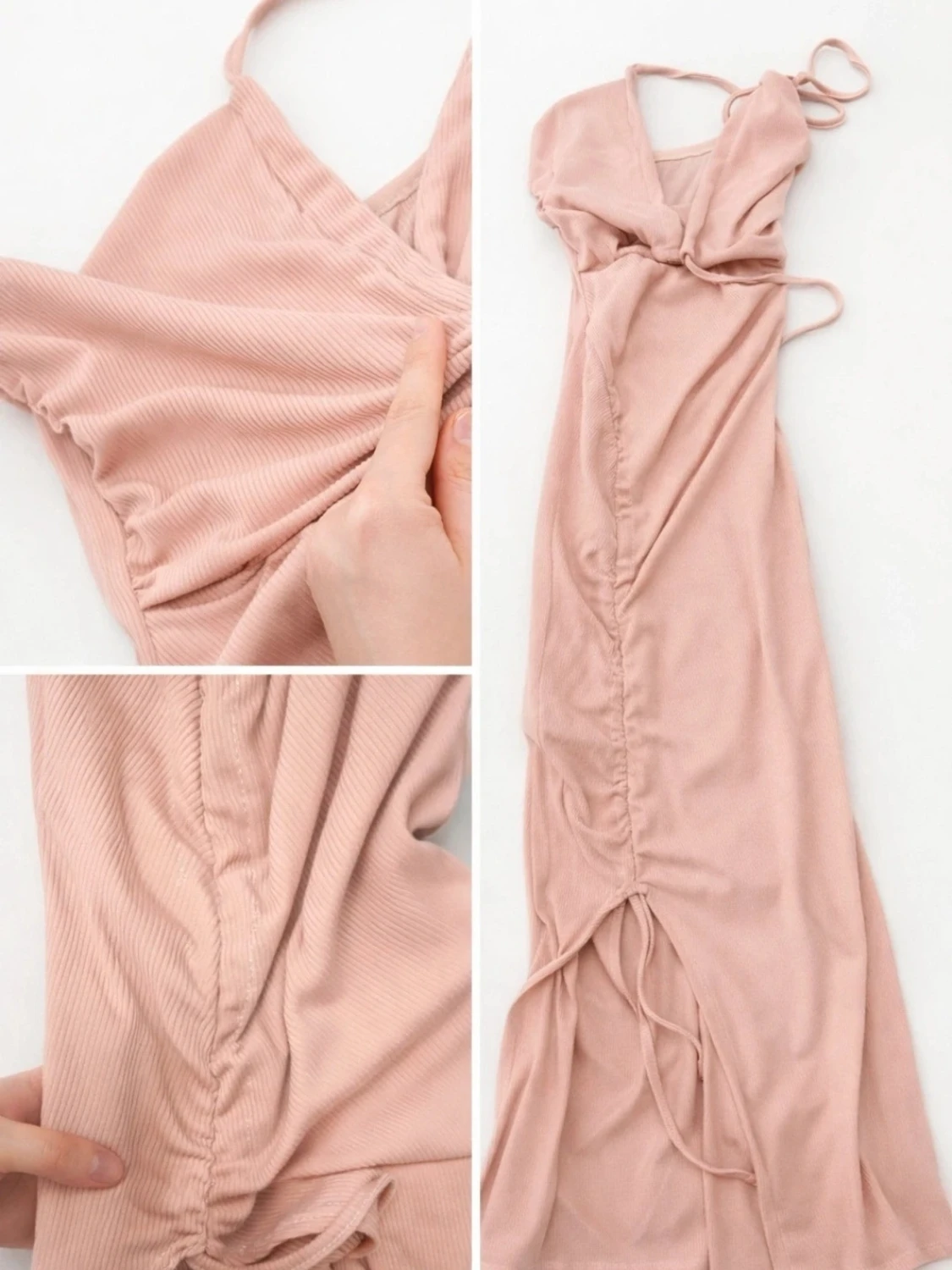 Rosa ribbad midiklänning med dragsko