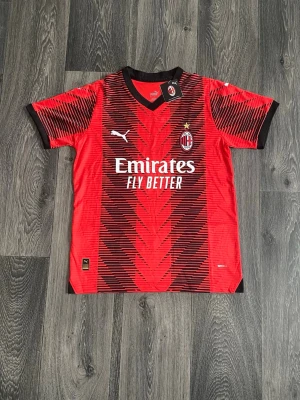 Röd AC Milan matchtröja Puma - Snygg röd AC Milan matchtröja från Puma med svart mönster och klubbmärke på bröstet. Tröjan har svart V-ringad krage, vita Puma-loggor och Emirates Fly Better-tryck på framsidan. Perfekt för fotbollsfans som vill sticka ut på planen.