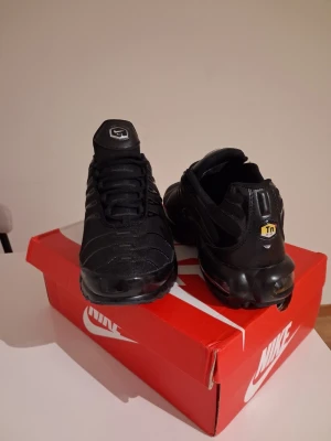 Nike Air Max Plus TN helsvarta sneakers - Säljer ett par helsvarta Nike Air Max Plus TN sneakers med ikonisk Tn-logga på hälen. Skorna har mesh- och syntetmaterial, svarta snören och en chunky sula med synlig Air-enhet. Perfekta för dig som gillar streetwear och sportig stil.