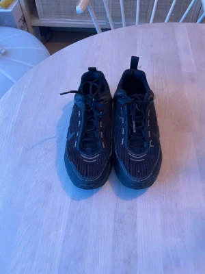 Svarta Nike sneakers med snörning - Säljer ett par svarta Nike sneakers med klassisk snörning och tydlig sula. Skorna har diskreta vita detaljer och är tillverkade i syntetmaterial med meshpaneler för extra andningsförmåga. Perfekta för dig som gillar sportig och stilren look.