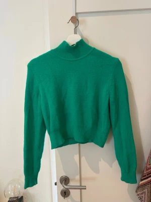 Grön stickad polotröja - Snygg grön stickad polotröja med croppad passform från Zara. Tröjan har ribbstickade muddar vid ärmslut och nederkant samt en hög hals. Det är en M men är mycket mer som en S i storlek 