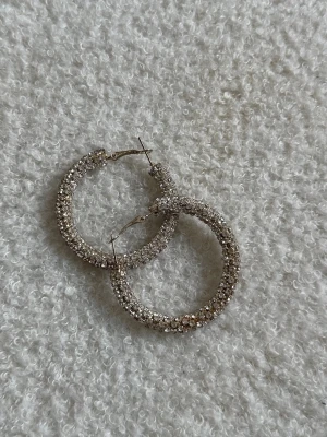 Glittriga creoler med stenar - Säljer ett par stora, runda creolörhängen täckta med gnistrande, klara stenar runt hela ringen. Örhängena har en silvrig bas och ger ett riktigt lyxigt intryck. Perfekta för dig som gillar att sticka ut med accessoarerna.