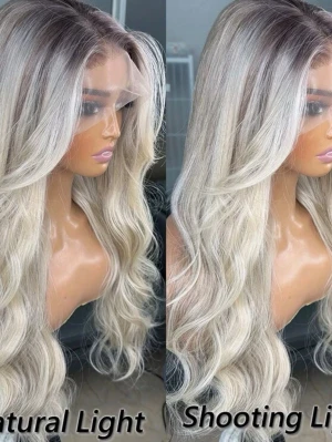 Blond vågig lace front peruk - Snygg blond lace front peruk med mörkare botten och mjuka, naturliga vågor. Peruken har en mittbena och smälter in snyggt mot hårfästet för en naturlig look. Perfekt för dig som vill ha långt, lyxigt hår utan att färga eller styla ditt eget. 24inch
