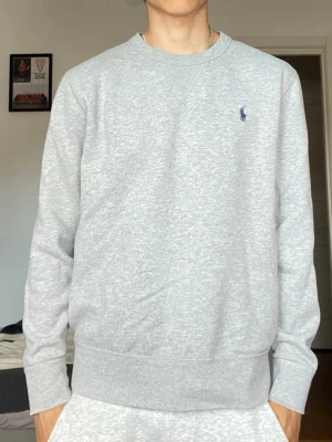 Grå sweatshirt från Polo Ralph Lauren - Klassisk grå sweatshirt från Polo Ralph Lauren med rund halsringning och diskret blå logga broderad på bröstet. Tröjan har lång ärm och ribbade muddar vid ärmslut och nederkant. Perfekt för en avslappnad och stilren look.