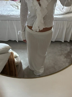 Vit pointelle långkjol - Säljer en elegant vit pointelle långkjol. Kjolen har en hög midja och är gjord i ett lätt, flödande material som ger en snygg siluett. Den är lite genomskinlig. Perfekt för dig som gillar stilrena och klassiska plagg. Aldrig använd🤍