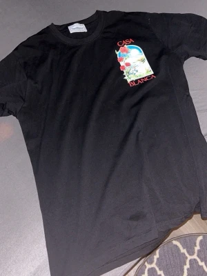 Svart Casa Blanca t-shirt med tryck - Snygg svart t-shirt från Casa Blanca med färgglatt tryck av rosor och landskap i fönsterform både fram och bak. Röd text med märkesnamnet ovanför och under motivet. Klassisk passform och rund hals. Perfekt för dig som gillar streetwear och unika prints.