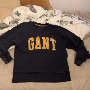 Svart sweatshirt från GANT - Säljer en svart sweatshirt från GANT med stora gula bokstäver broderade på bröstet. Tröjan har rund halsringning, ribbade muddar vid ärmslut och nederkant samt en klassisk college-look. Perfekt för dig som gillar stilrena och sportiga plagg.