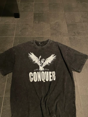 Gym tröja (pump cover) med trycket ”CONQUER” - Köpte från någon gym hemsida något år tillbaka. Har inte använts så mycket och därför väljer jag att sälja den. Storlek L, men passar M men då i en mer ”baggy” stil. 