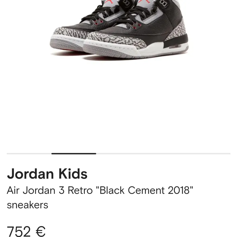 Nike Air Jordan 3 Retro OG BG modell Black cement storlek 40/7y. De har använts ett fåtal gånger men är som helt nya. De är små i storleken och skulle passa bättre som en 38/39. De är i barnmodell och nypris är 330$. Frakt ingår .            . Skor.