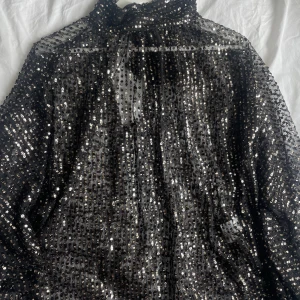 Blus med paljetter från zara  - As snygg blus med paljetter från zara, strl M. Halvgenomskinlig, jättesnygg med en bralette under. Man knyter den bak i nacken. Aldrig använd!!