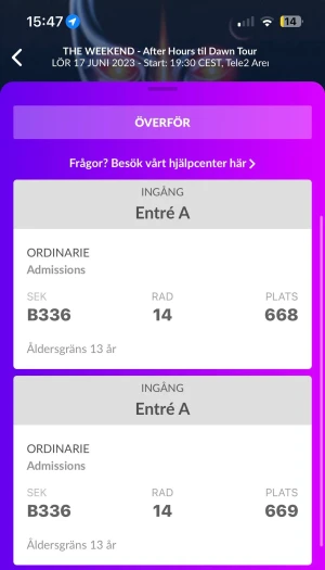 THE WEEKND biljetter 2 st sitt plats! - Hej jag har två sitt biljetter till The Weeknd 17 juni. Platserna är precis framför scenen. Skriv gärna vid intresse. 
