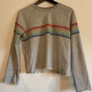 Randig tjocktröja från Levis - Grå tjocktröja med en regnbågsrand runt hela tröjan. Randen är inte ett tryck utan tyget är färgat. Kanten på tröjan och ärmarna är ”klippt”-liknande, så att dom rullar upp lite. 