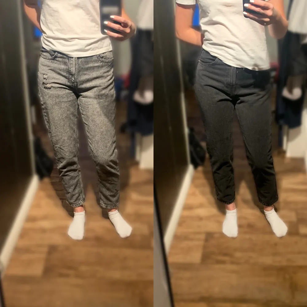 Två stycken jeans från FB Sister, svarta och gråa i mom’s fit. Inga defekter förutom att de är välanvända. Båda är i storlek S men de gråa sitter lite lösare.🩶. Jeans & Byxor.