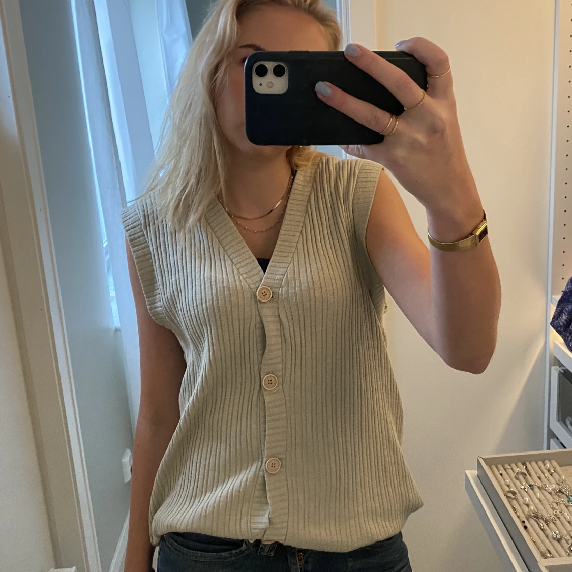 Väst tröja kofta knappar grön beige