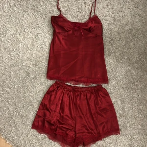 Pyjamasset i satin - Säljer nu detta supergulliga vinröda pyjamassetet! Det är i satin med spetsdetaljer och en liten rosett, köpt på missäy i nordstan. Båda delar i storlek M men skulle säga små i storleken 💞