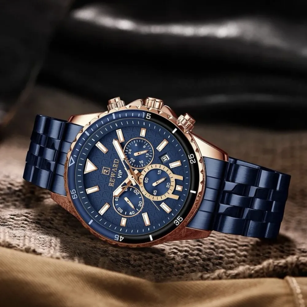Strap Material: Stainless Steel Water Resistance: 30m Watch Weight:150g Movement: Quartz Crystal Material: Mineral glass Watch Shape: round  Features: Chronograph Case Material: Zinc Alloy Strap Color: Blue Type: Chronograph Watches Style: Casual  . Accessoarer.
