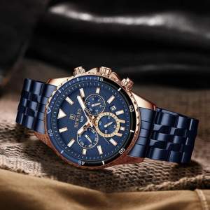 Strap Material: Stainless Steel Water Resistance: 30m Watch Weight:150g Movement: Quartz Crystal Material: Mineral glass Watch Shape: round  Features: Chronograph Case Material: Zinc Alloy Strap Color: Blue Type: Chronograph Watches Style: Casual  
