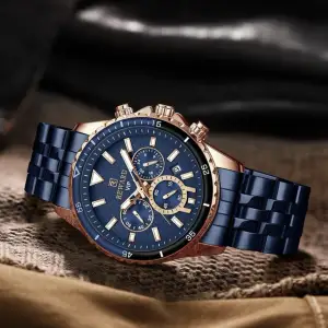 Strap Material: Stainless Steel Water Resistance: 30m Watch Weight:150g Movement: Quartz Crystal Material: Mineral glass Watch Shape: round  Features: Chronograph Case Material: Zinc Alloy Strap Color: Blue Type: Chronograph Watches Style: Casual  