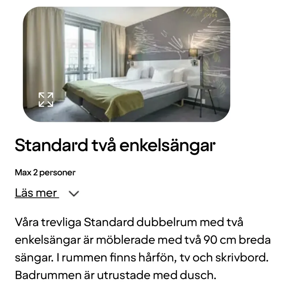 Hej! Jag har ett hotellrum för 2 personer som jag inte längre kan använda. Hotellet ligger i Södertälje och ca 40 minuter från Stockholm. Pendeltåg går direkt till hotellet utan att behöva byta. Frukost ingår.. Övrigt.