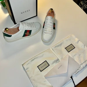 Gucci ace skor! - Hej säljer dessa riktigt feta Gucci ace skor som är i ett otroligt bra skick box och dustbags ingår har inget kvitto självklart äkta för fler bilder skriv till mig privat dom passar storlek 42-23 skorna kostar 9000 nya och jag säljer dessa för 3299!