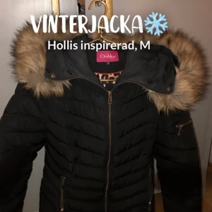 Vinterjacka med fakepäls - Denna fina vinterjacka är varm, simpel, midjelång och har guldiga detaljer. Pälsen på huvan är låtsaspäls men fin. Det finns något ynka tecken på användning men i riktigt bra skick! 