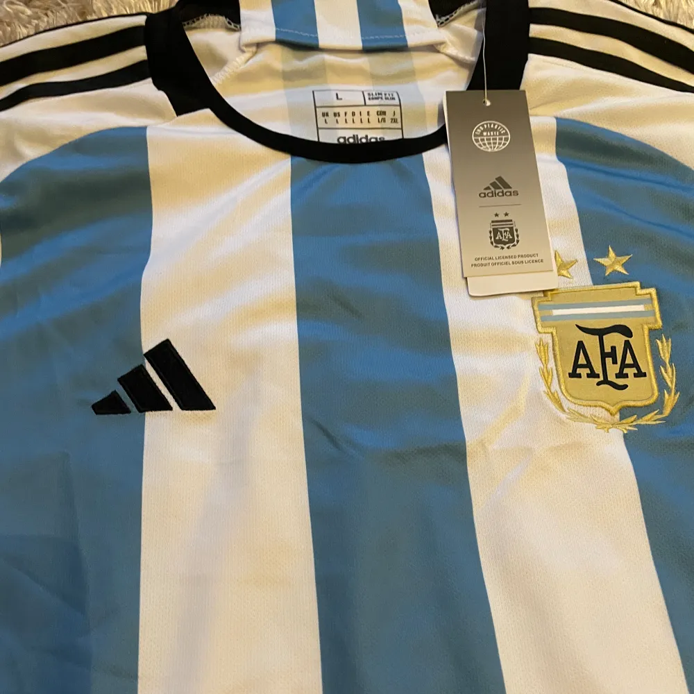 Säljer nu denna supersnygga Argentina tröja från VM 2022🔥 Tröjan är helt oanvänd och lappen är kvar! Nyskick!! Perfekt nu till sommaren och passar både storlek L och M. Skriv privat vid frågor!🤗. T-shirts.