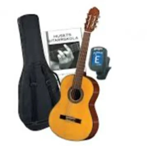 Gitarr med väska - Den är lika stor som en vanlig gitarr, och väskan/fodralet är lite sönder men inte så gitarren syns igenom. Jag skickar gärna bild och mått vid intresse.