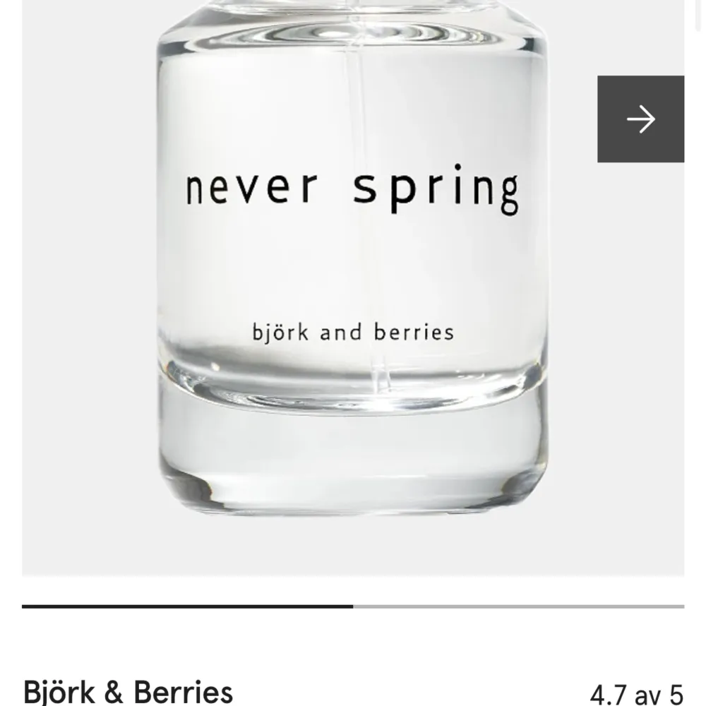 Never spring av Björk & Berries. ca 70% kvar. luktar super fräscht perfekt doft till sommaren , Nypris 1250 . Parfym.