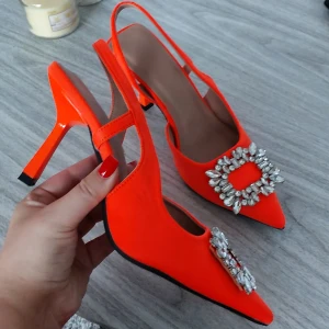 Glamorous Orange Pumps For Women 37 - Glamorous Orange Pumps For Women, Rhinestone Decor Point Toe Stiletto Heeled Slingback Pumps