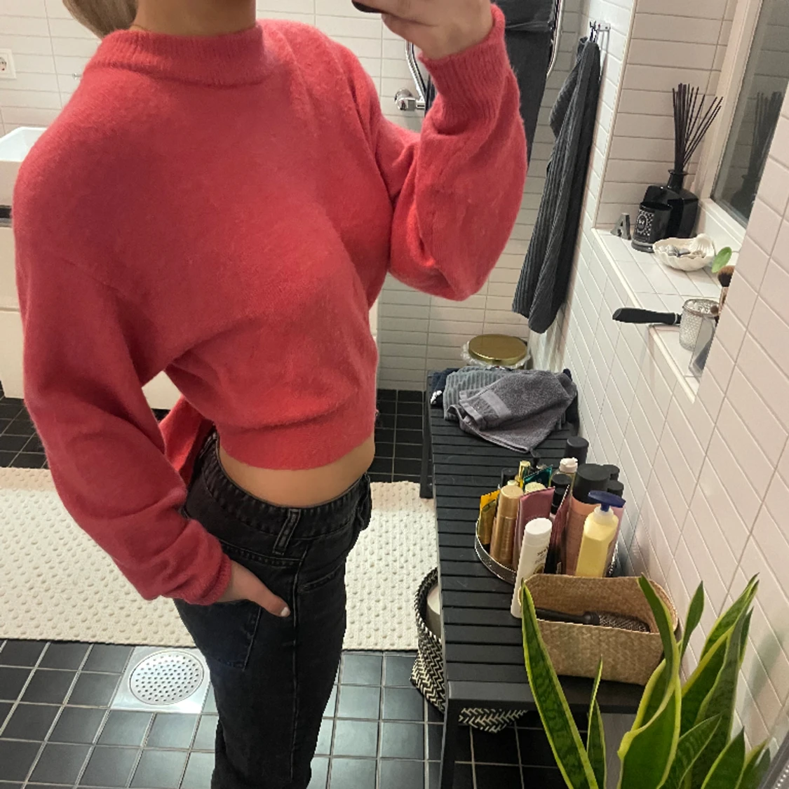 Rosa stickad tröja med rosett 🎀  - 90