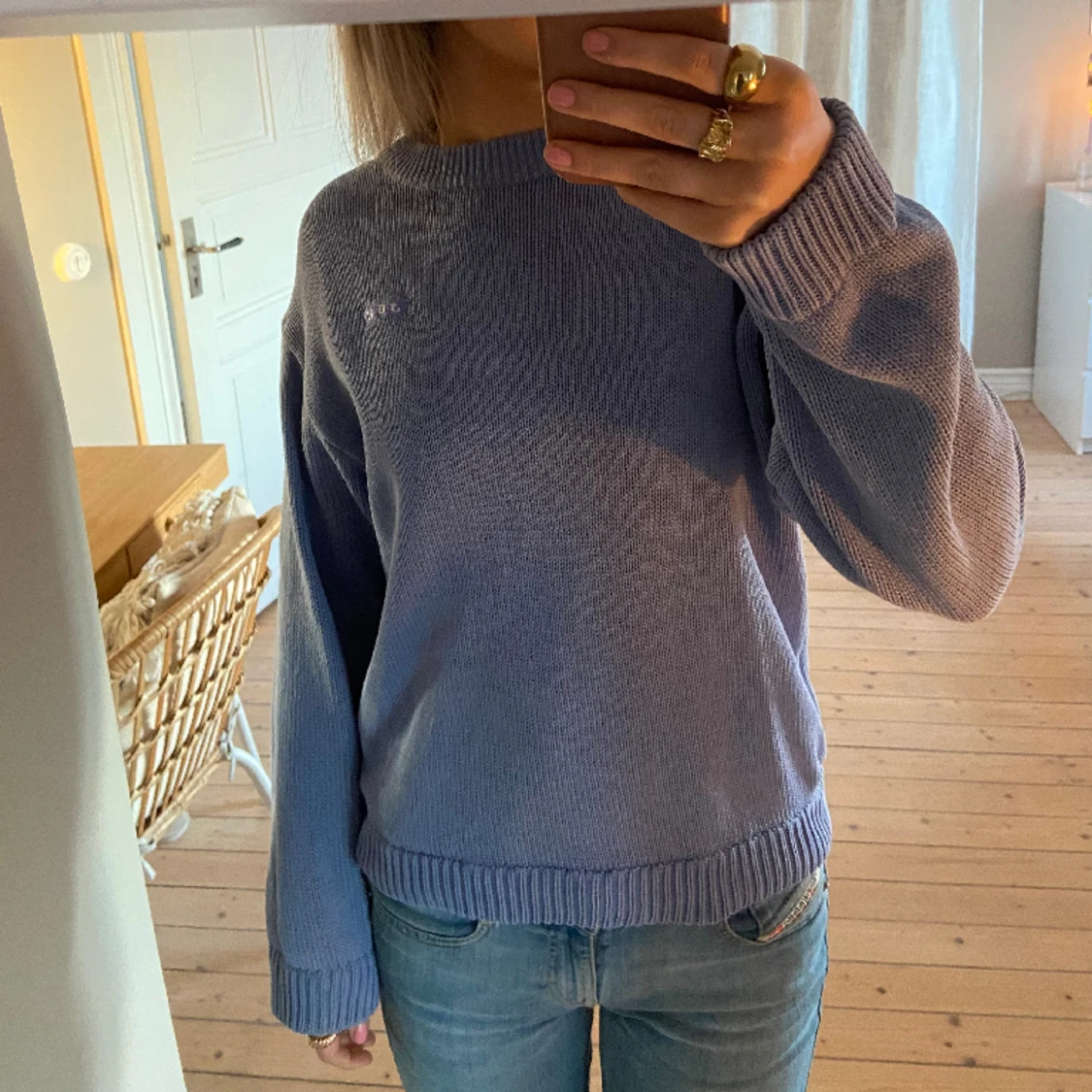 Blå stickad tröja  - 90