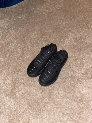 Svarta Nike Air Max Plus sneakers - Säljer ett par helsvarta Nike Air Max Plus sneakers med snygga vågformade detaljer och mesh-överdel. Skorna har snörning och en chunky sula med synliga luftbubblor för extra komfort. Perfekta för dig som gillar streetwear och sportig stil.