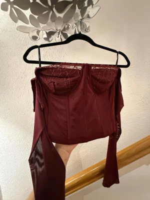 Vinröd korsettopp från Forever 21 - Säljer en vinröd korsettopp från Forever 21 med mesh-långa ärmar och spetsdetaljer vid bysten. Toppen har en croppad passform och är tillverkad i syntetmaterial. Perfekt för dig som gillar statement-plagg med snygga detaljer.