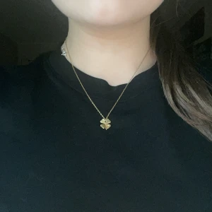 Guldigt halsband med fyrklöver Edblad - halsband i guld med en liten fyrklöver som hängsmycke. Kedjan är tunn. 