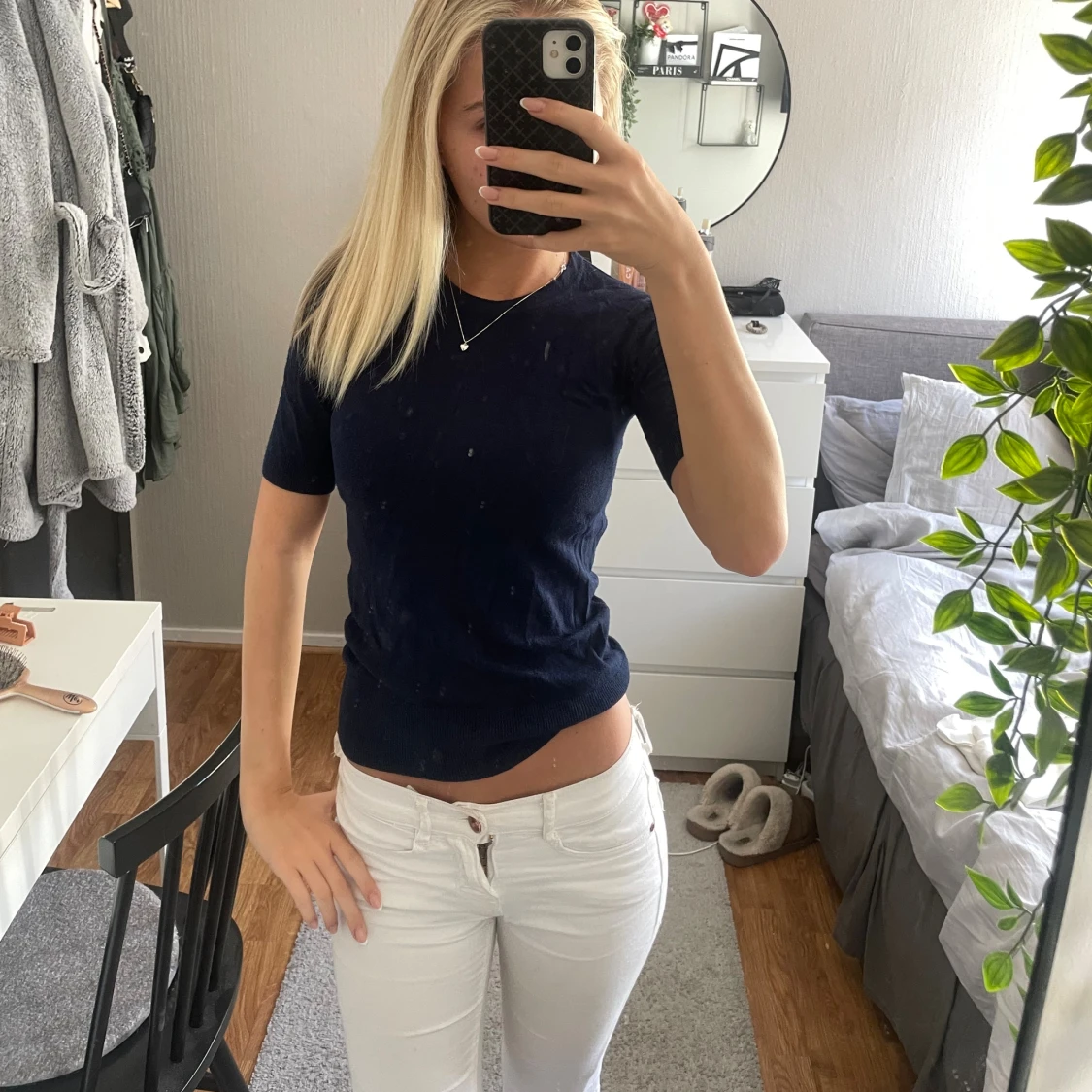 Mörkblå ribbad topp med kort ärm - 1