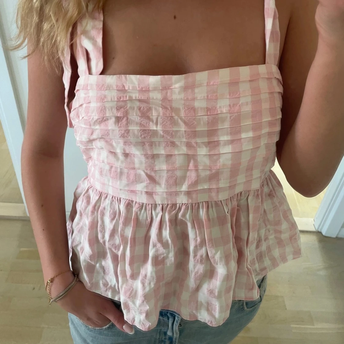 Rosa och vit rutig linnetopp - 90