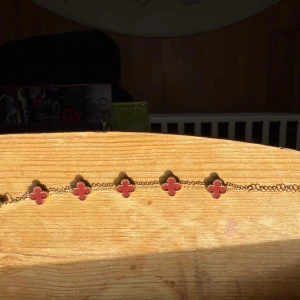 Van Cleef inspirerat armband - Snyggt armband med guldfärgad kedja och fem röda klöverformade berlocker. Berlockerna har en fin kantdetalj som ger extra lyxig känsla. Perfekt för dig som vill ha något unikt och färgglatt på handleden.