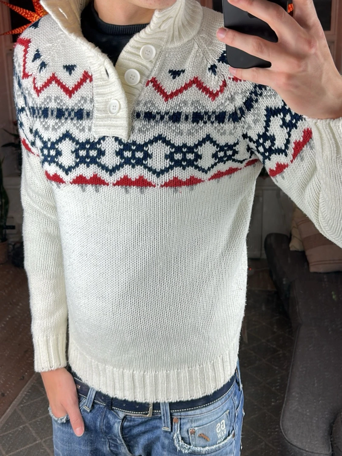 Unik stickad halv zip tröja 