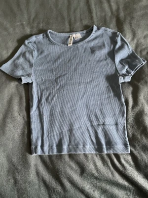 Blå ribbad t-shirt från H&M - Säljer en blå ribbad t-shirt från H&M Basic i storlek XS. T-shirten har korta ärmar och rund halsringning. Materialet är mjukt och stretchigt.