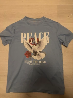 Blå t-shirt med tryck och duva - Snygg ljusblå t-shirt med stort tryck framtill som visar en vit duva, röda blommor och texten 'PEACE' samt 'ENJOY THE WIND'. Klassisk rund hals och korta ärmar. Perfekt för dig som gillar statement-plagg med coolt motiv.