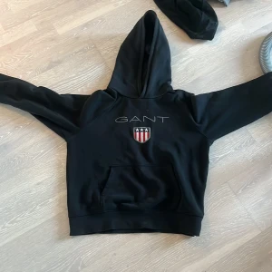 Svart hoodie från GANT med emblem - Svart hoodie från GANT med stor huva och klassiskt broderat GANT-emblem med amerikanska flaggan på bröstet. Tröjan har en rymlig magficka och långa ärmar med muddar. Perfekt för dig som gillar stilren streetwear och vill ha något bekvämt och snyggt.