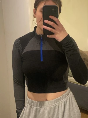 Svart croppad träningstopp H&M Move - Sportig croppad långärmad topp från H&M Move i svart och grått med blå dragkedja framtill. Toppen har mönstrade detaljer på ärmar och axlar, och är tillverkad i ett stretchigt syntetmaterial som passar perfekt för träning.