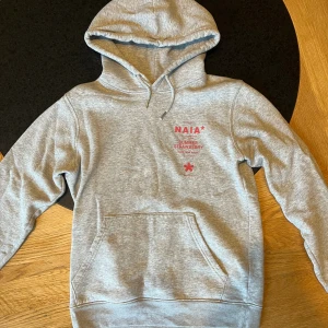 Grå hoodie från NAIA Initiative - Grå hoodie med stor röd stjärna och texten 'THE NAIA INITIATIVE' på ryggen. Framsidan har tryck med NAIA och Summer Strawberry i rött. Tröjan har huva med snörning och en stor magficka. Perfekt för chill dagar och streetwear vibes.