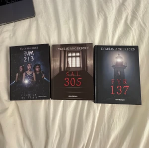 Rum 213, Sal 305, Fyr 137 - Tre spännande böcker av Ingelin Angerborn: Rum 213, Sal 305 och Fyr 137. Perfekta för dig som gillar mysterier och lite kusliga berättelser! Omslagen lockar med ficklampor, gamla byggnader och en mystisk fyr – perfekt för unga läsare som vill ha något riktigt fängslande.