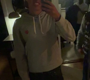Cdg hoodie - Säljer en stilren grå hoodie med vit dragsko och ett litet rött hjärta broderat på bröstet. Hoodien har klassisk passform och huva, perfekt för en chill och avslappnad look. Comme des garçon 