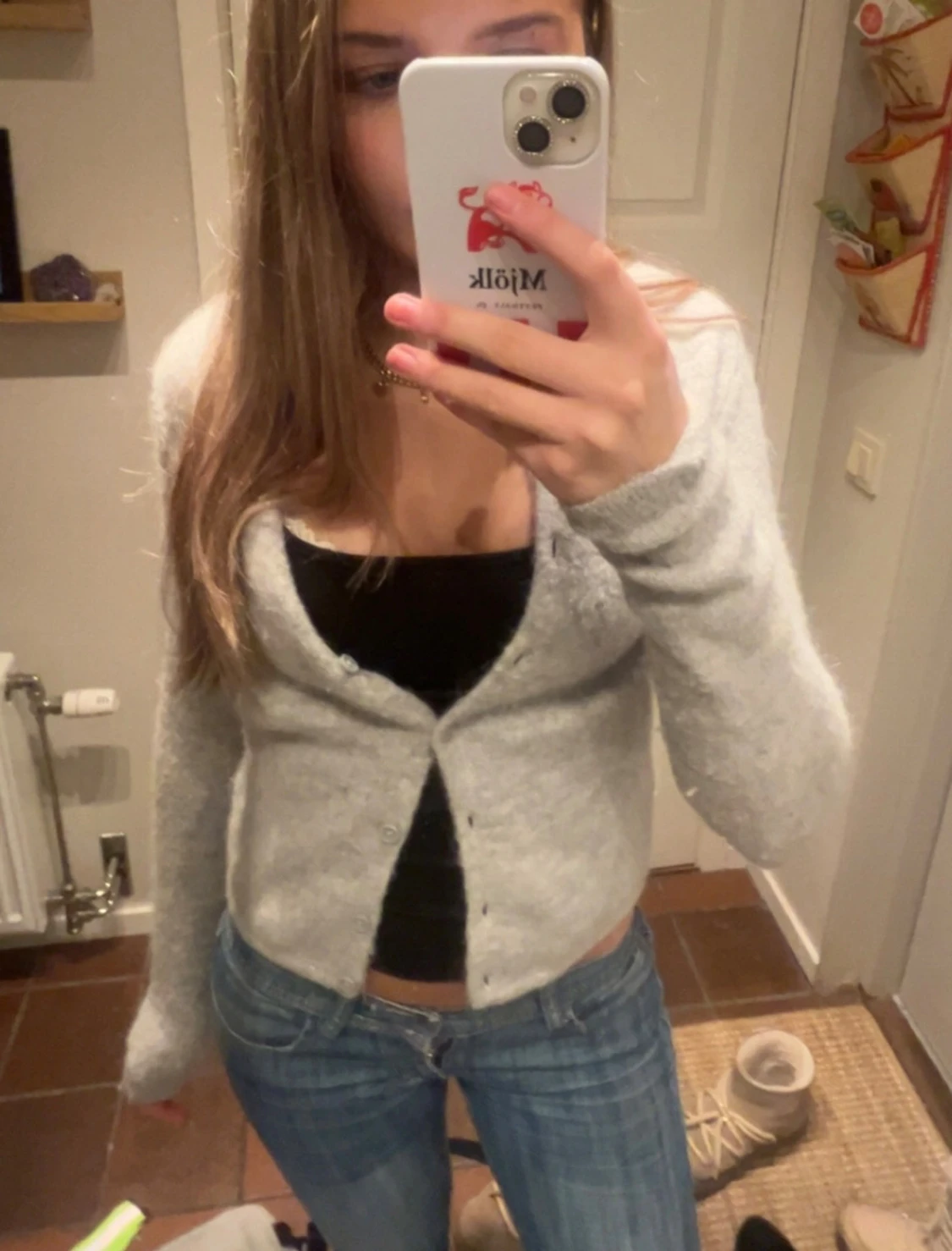 Ljusgrå croppad kofta med knappar - 2