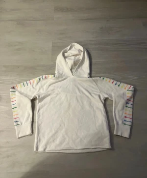 Vit hoodie från Champion med färgglada detaljer - Säljer en vit hoodie från Champion i storlek Large. Tröjan har huva och långa ärmar med coola färgglada broderade detaljer längs ärmarna. Mjuk och skön bomullskvalitet, perfekt för dig som gillar streetstyle och vill sticka ut lite extra.