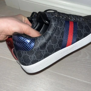 Gucci Ace sneakers med GG-mönster - Gucci Ace sneakers i svart canvas med GG-monogram, röda och blå ränder på sidan och kontrasterande blå och röd häl i ormskinnslook. Vit platt sula med unikt mönster undertill. Klassisk och lyxig design med snörning och metallöglor. köpte dom på Plick för 4000 vet ej om de är äkta boxen och dust bagg kommer med kan gå ner i pris vid snabb affär 😎